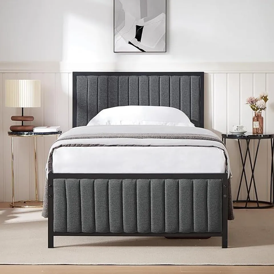 BOXED VECELO BED FRAME 90 X 200 CM, METAL BED FRAME SINGLE BED WITH PADDED HEADBOARD AND FOOTBOARD, BED FRAME WITH SLATTED BASE, 32 CM HEIGHT UNDER BED, NO BOX SPRING REQUIRED, GREY