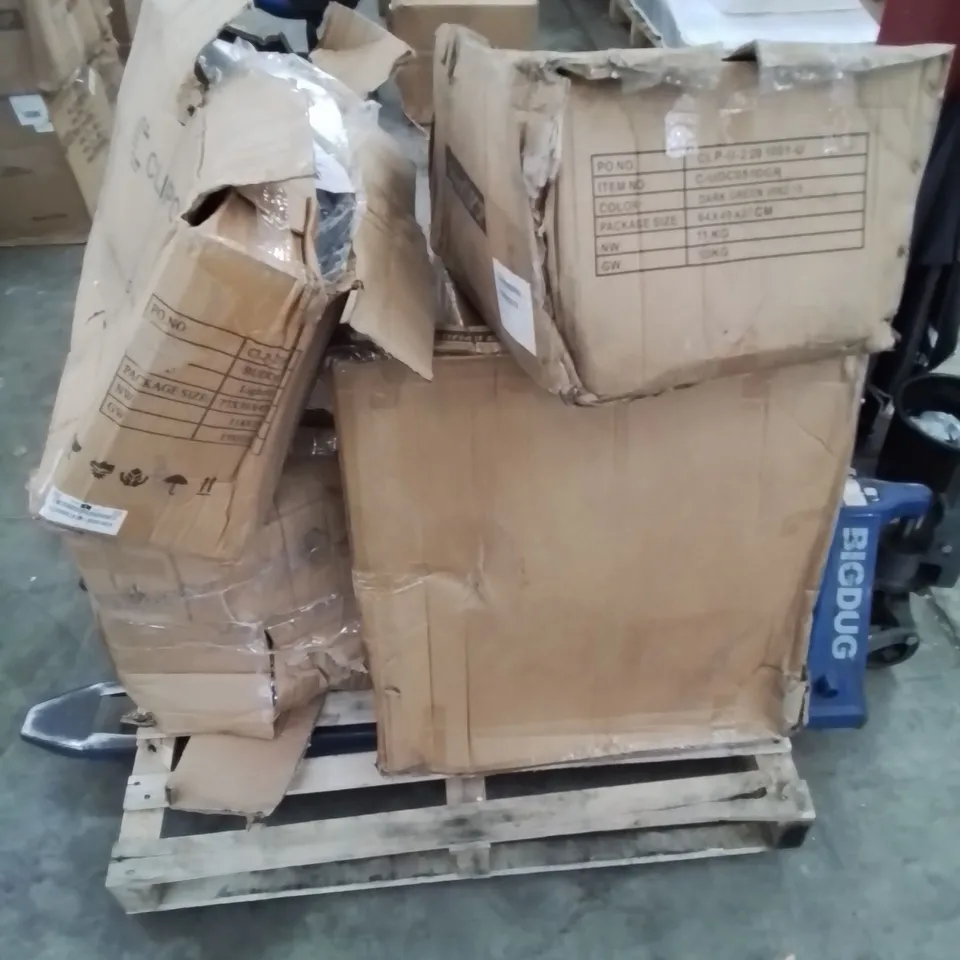 A PALLET OF VARIOUS FURNITURE PARTS AND CUSHIONS (MOSTLY CHAIRS)