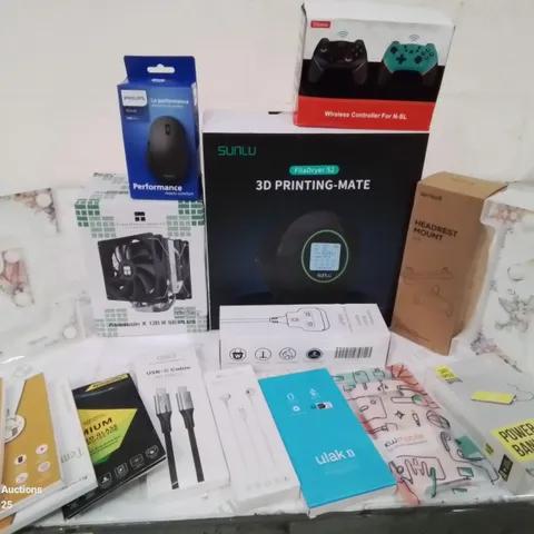 BOX CONTAINING LARGE AMOUNT OF BOXED ELECTRICAL ITEMS TO INCLUDE: HEADPHONES, CHARGING CABLES, PHONE CASES, PHONE HOLDERS, POWER BANKS, 3D PTINTING-MATE AND LOTS MORE