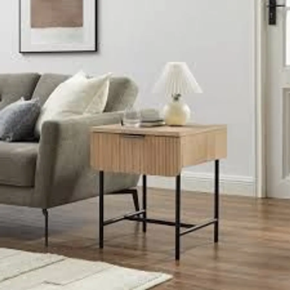 BRAND NEW BOXED WALKER EDISON 18.5" REEDED 1-DRAWER SIDE TABLE - CALACATTA MARBLE/COASTAL OAK (1 BOX)