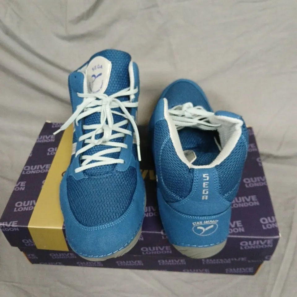 BOXED BLUE HIGH-TOP SNEAKERS WITH SEGA LOGO ON TONGUE - UK 10
