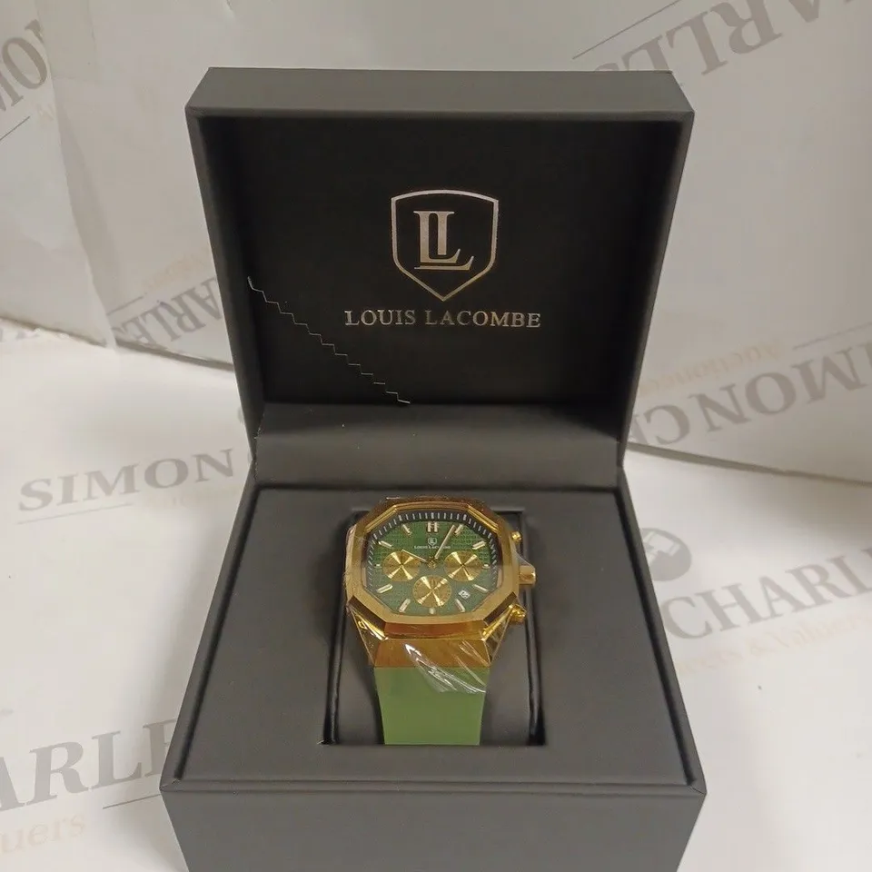 MENS LOUIS LACOMBE CHRONGRAPH WATCH – 3 SUB DIALS – GOLD COLOUR CASE – GREEN RUBBER STRAP