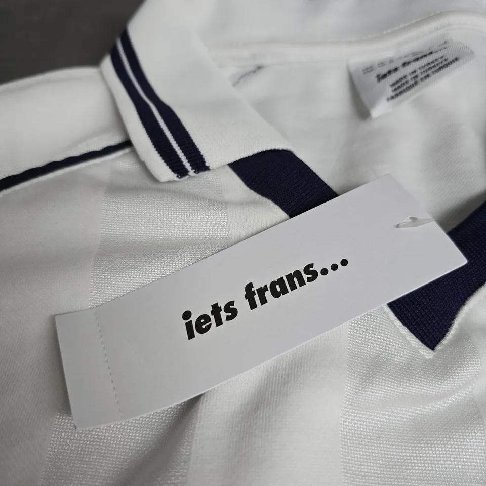 IETS FRANS SPORTSWEAR ARCHIVE POLO SHIRT – WHITE WITH NAVY SIDE PANELS