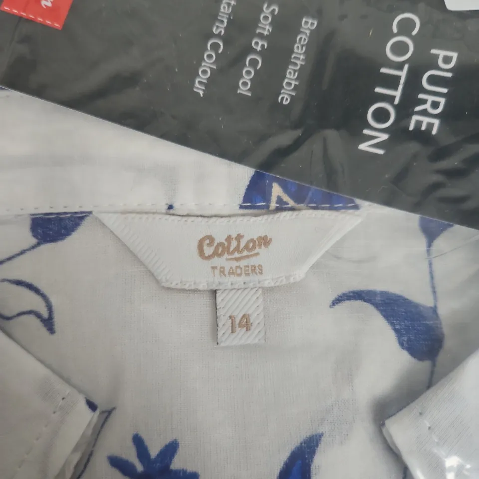 COTTON TRADERS PRINTED COTTON TOP – BLUE FLORAL, UK 14