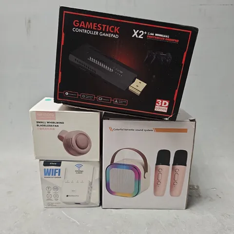 APPROXIMATELY 7 ASSORTED ITEMS TO INCLUDE - GAMESTICK CONTROLLER GAMEPAD , KARAOKE SPEAKER , SMALL WHIRLWIND BLADELESS FAN ETC