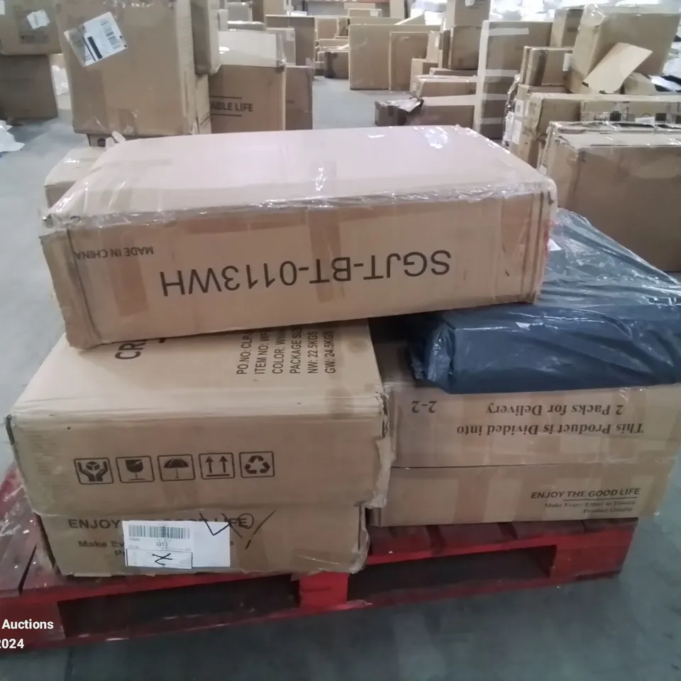 PALLET CONTAINING VARIOUS BOXED FURNITURE PARTS AND OTHER HOUSEHOLD ITEMS ETC.