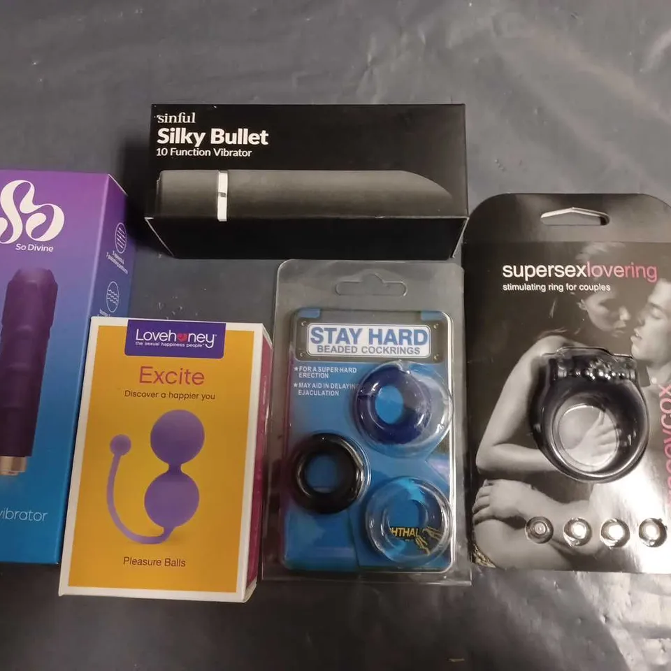 LOT OF 5 ASSORTED SEXUAL PLEASURE ITEMS TO INCLUDE PLEASURE BALLS, VIBRATOR AND BEADED COCKRINGS