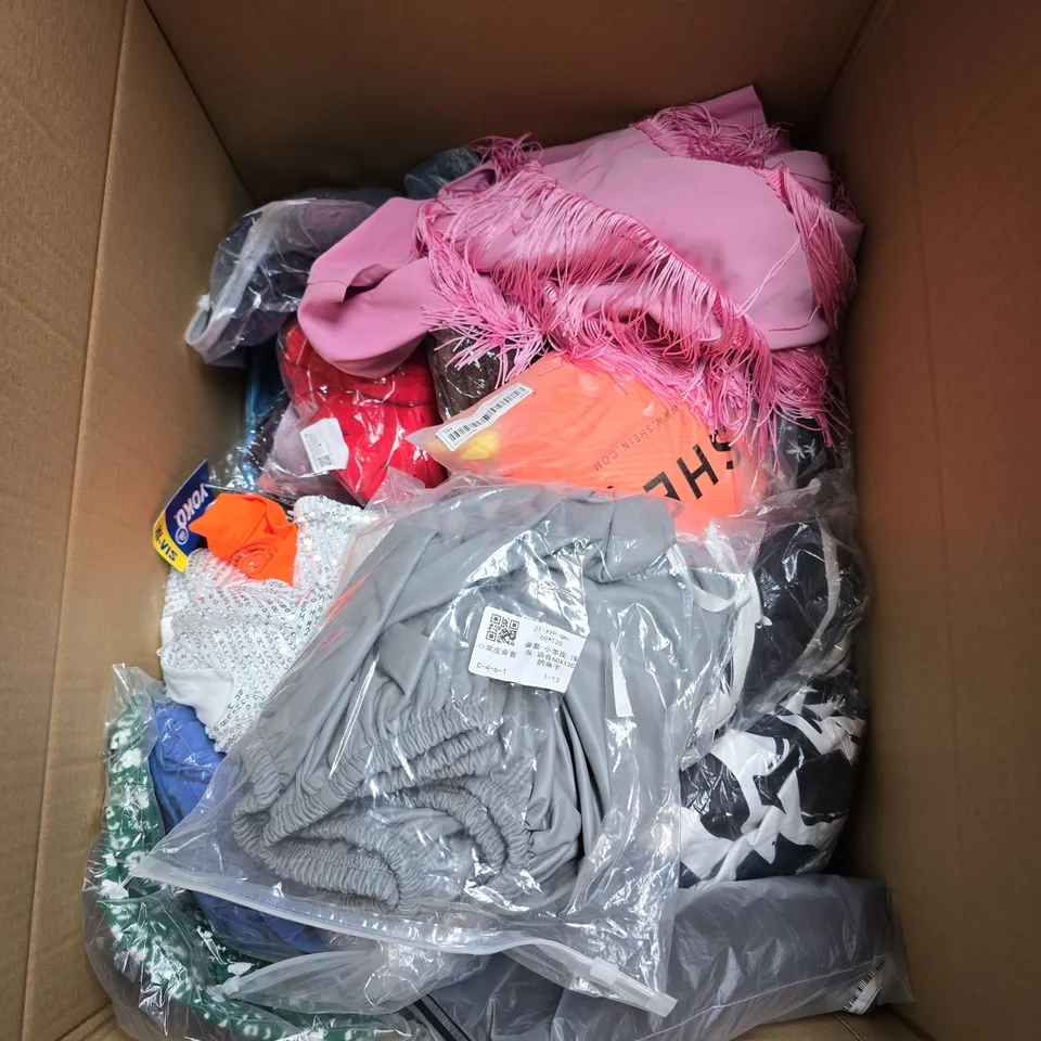 BOX OF APPROXIMATELY 20 ASSORTED CLOTHING ITEMS TO INCLUDE DRESS, BOXERS, SKIRT, ETC