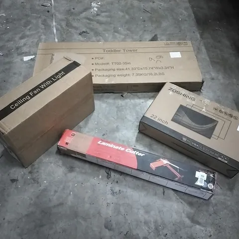PALLET OF HOUSEHOLD ITEMS TO INCLUDE TODDLER TOWER,CEILING LIGHT WITH FAN,22 INCH MONITOR, LAMINATE CUTTER AND OTHER ASSORTED ITEMS...