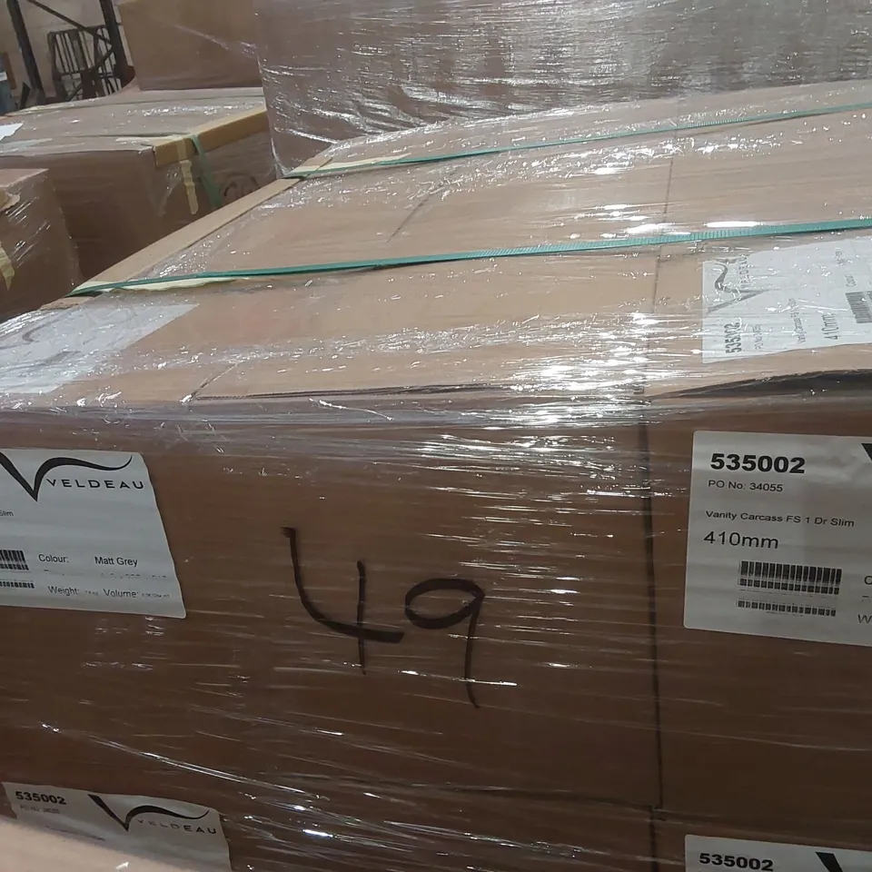 PALLET CONTAINING A LARGE QUANTITY OF ASSORTED BATHROOM FURNITURE PARTS INCLUDING: VELDEAU VANITY CARCASSES ECT