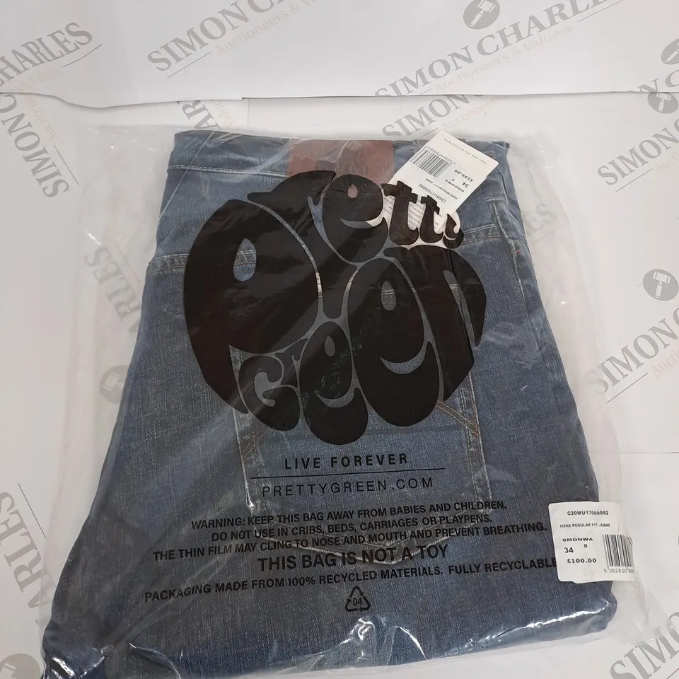 BAGGED PRETTY GREEN MENS REGULAR FIT DENIM JEANS SIZE 34R