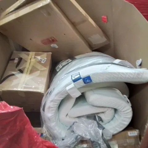 PALLET CONTAINING VARIOUS ASSORTED BOXED HOUSEHOLD ITEMS TO INCLUDE: CAMPING CHAIR, MATTRESS TOPPER, WALL MIRRORS AND LOTS MORE UNMARKED BOXED ITEMS