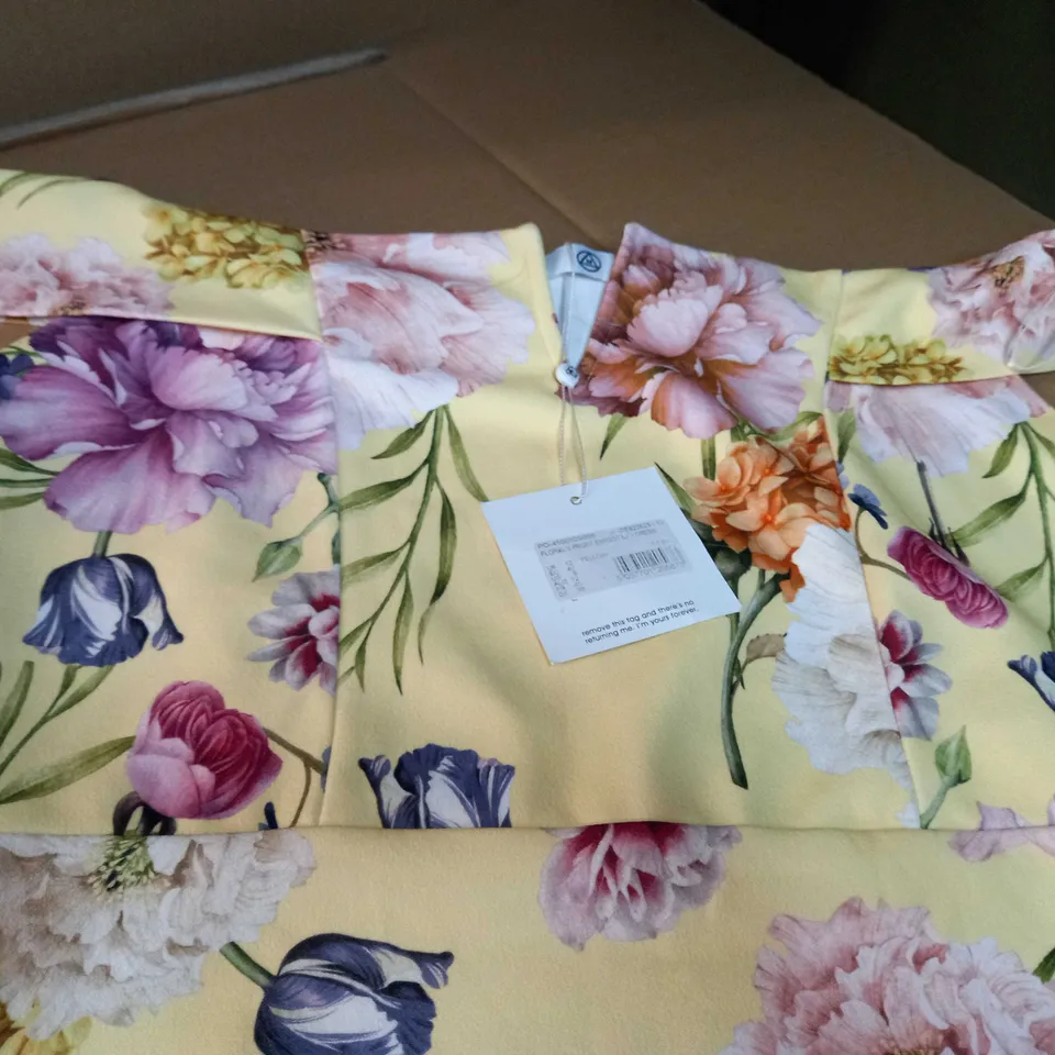 MISSGUIDED YELLOW FLORAL PRINT V FRONT BARDOT MIDI DRESS - SIZE 12