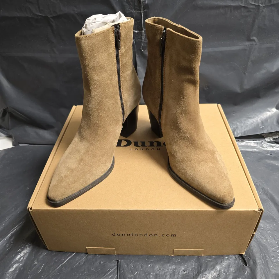 DUNE LONDON SAND SUEDE WESTERN-STYLE ANKLE BOOT - BOXED, UK 5