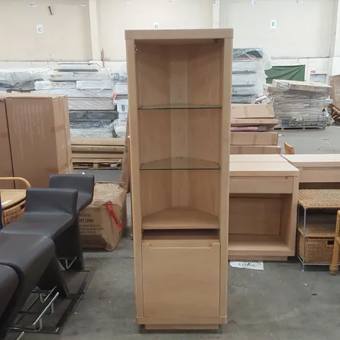 DESIGNER WOODEN LED DISPLAY CABINET WITH GLASS SHELVES AND 1 DOOR - MISSING FRONT PANE