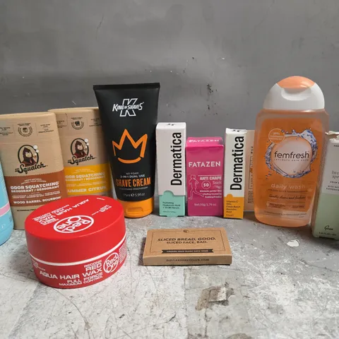 APPROX 12 ASSORTED BEAUTY PRODUCTS TO INCLUDE SQUATCH DEODORANT, DERMATICA SERUM, FEMFRESH DAILY WASH, ETC 