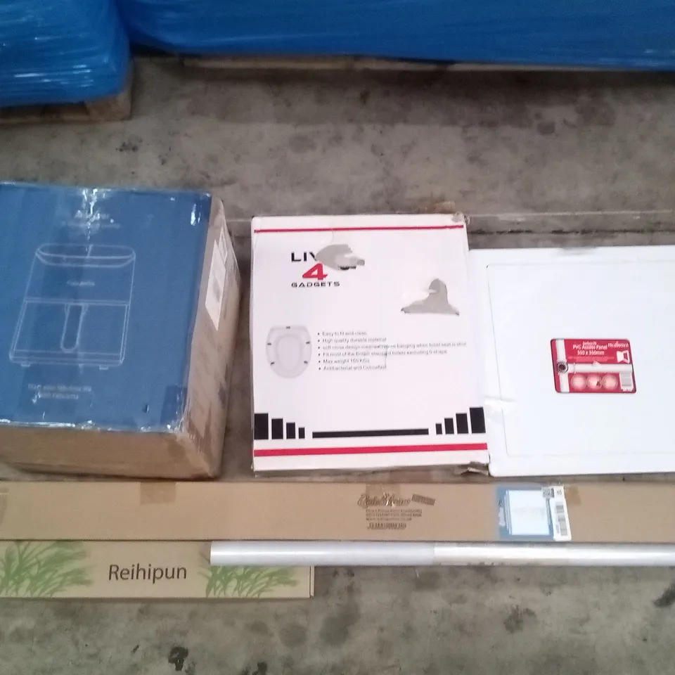 PALLET OF ASSORTED ITEMS INCLUDING AIR FRYER, LIVE 4 GADGETS TOILET SEAT, WINDOW FILM, PVC ACCESS PANEL, ART EISEL, REIHIPUN 60PCS PAMPAS DECORATION 