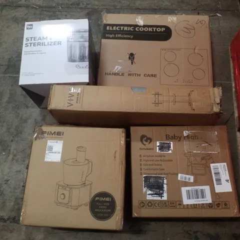 PALLET CONTAINING ASSORTED PRODUCTS INCLUDING FOOD PROCESSOR, BABY HIGH CHAIR, BLACK MOBILE TV CART, ELECTRIC COOKTOP & STEAM STERILIZER