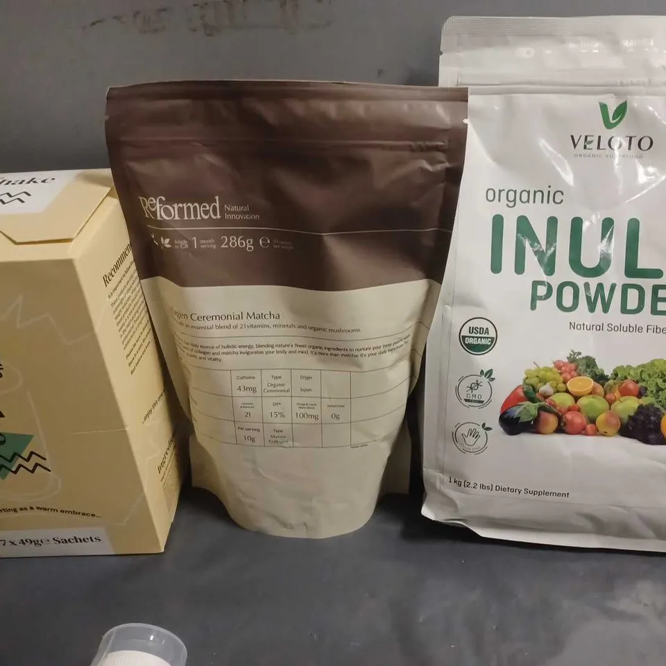 LOT OF 7 ASSORTED FOOD ITEMS TO INCLUDE ORGANIC INULIN POWDER, COLLAGEN CEREMONIAL MATCHA AND DATE SYRUP