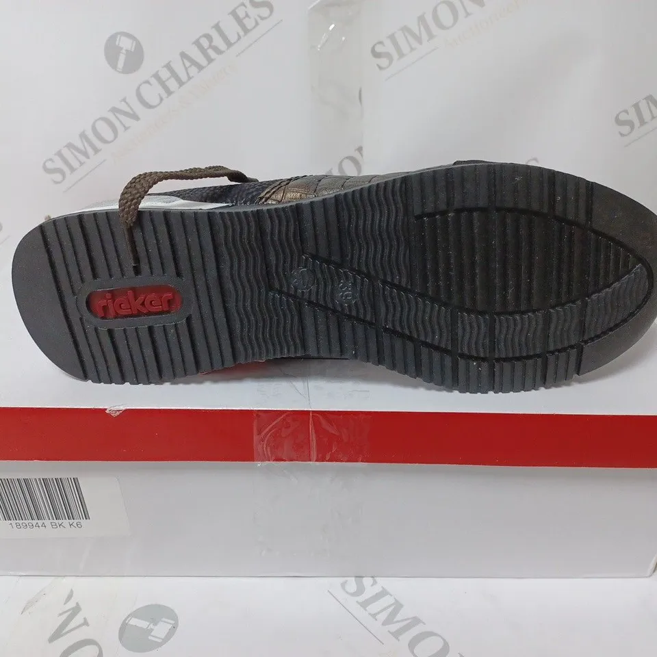 BOXED PAIR OF RIEKER HIGH TOP MIX MATERIAL TRAINER BOOTS IN BLACK UK SIZE 6