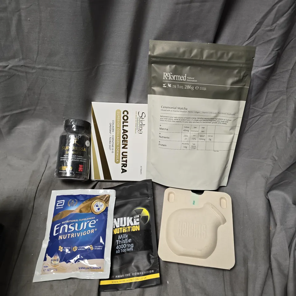 APPROXIMATELY 15 ASSORTED VITAMIN/HEALTH AID PRODUCTS TO INCLUDE REFORMED CEREMONIAL MATCHA, HEIGHTS VITALS, COLLAGEN ULTRA, ETC - COLLECTION ONLY
