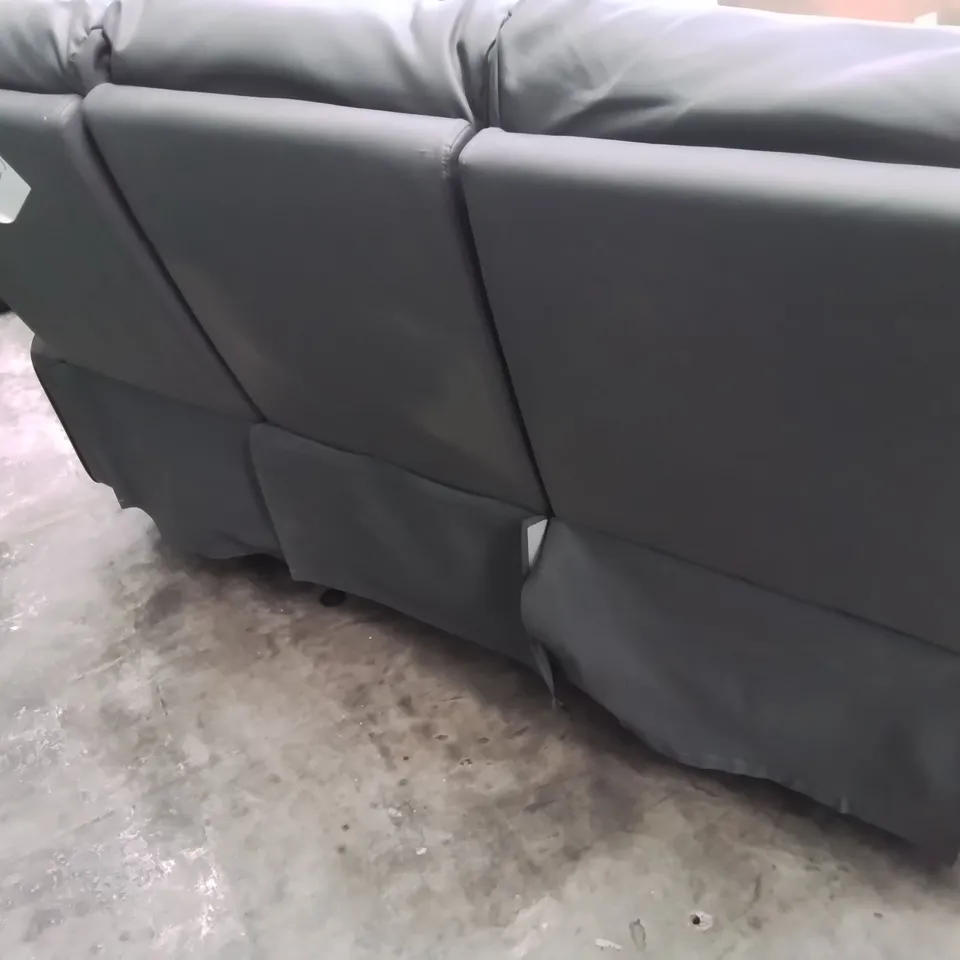DESIGNER THREE SEATER MANUAL RECLINING SOFA GREY FAUX LEATHER WITH BLACK PIPING