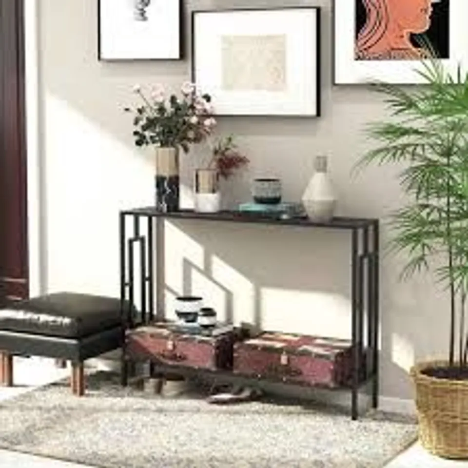 BOXED HOMCOM INDUSTRIAL CONSOLE TABLE WITH STORAGE SHELF, NARROW HALLWAY DRESSING DESK WITH METAL FRAME FOR LIVING ROOM, BEDROOM, GREY AND BLACK