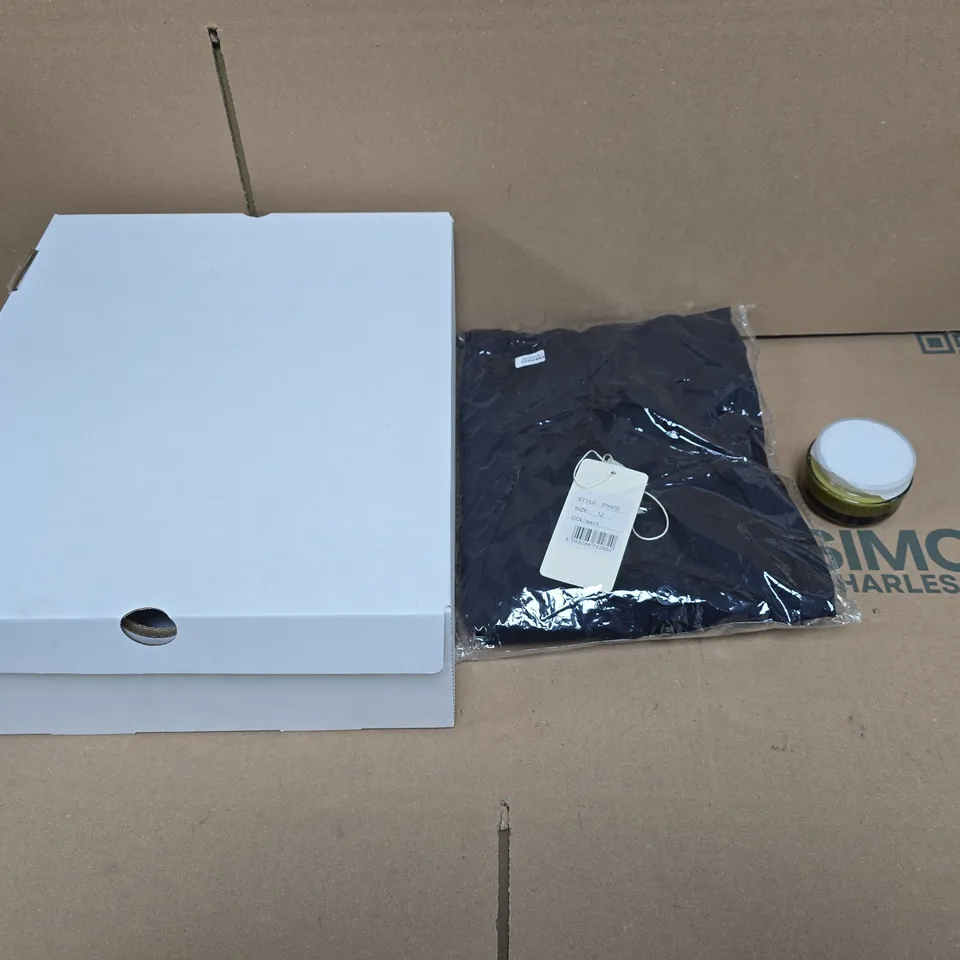 LARGE QUANTITY OF ASSORTED ITEMS TO INCLUDE COSMOSS FACE CREAM, NAVY LADIES SHIRT, WOMENS PLATORM SHOES, ETC - COLLECTION ONLY