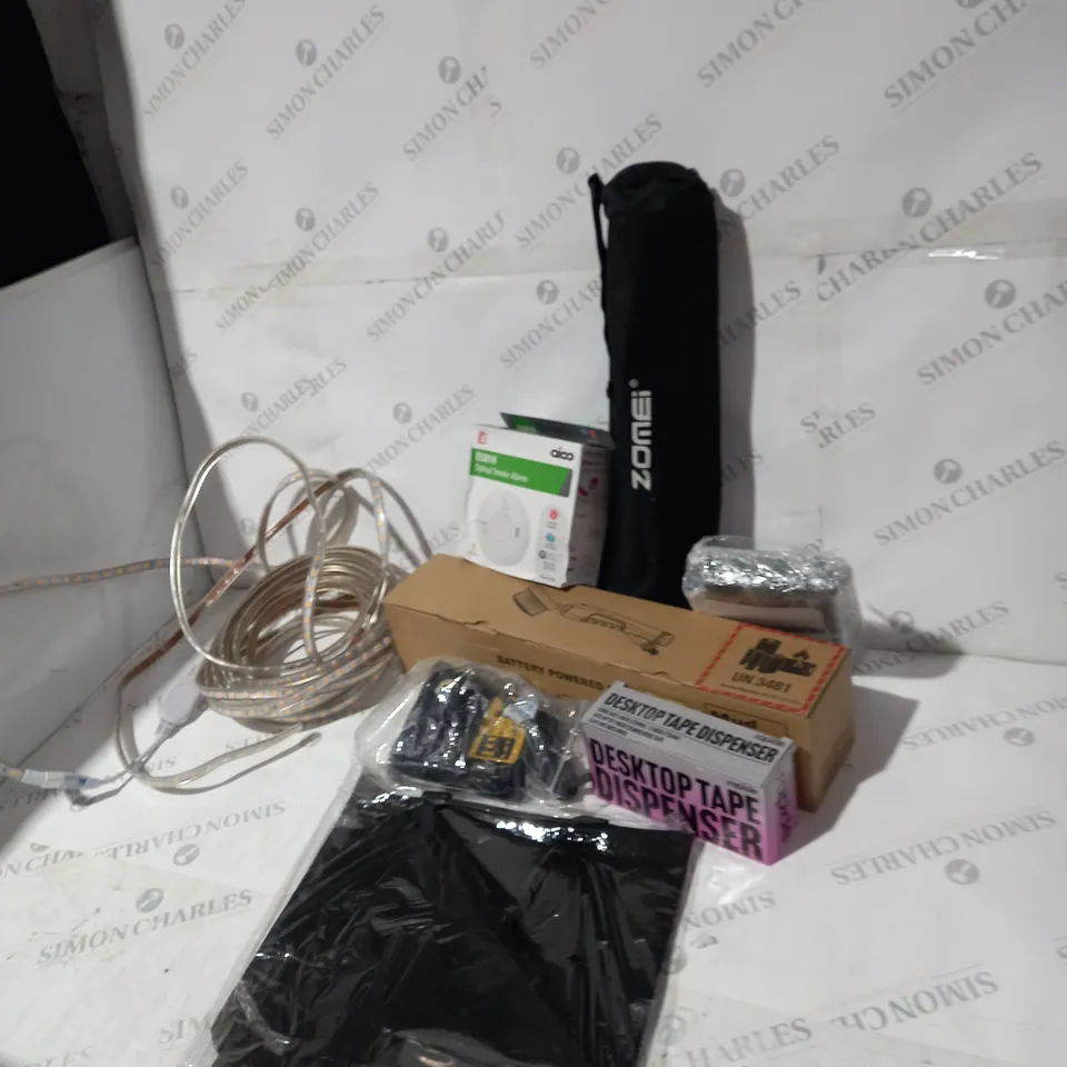 BOX OF ASSORTED HOUSEHOLD ITEMS FABRIC CLEANER, LED LIGHTS, BATTERY CHARGER ETC 