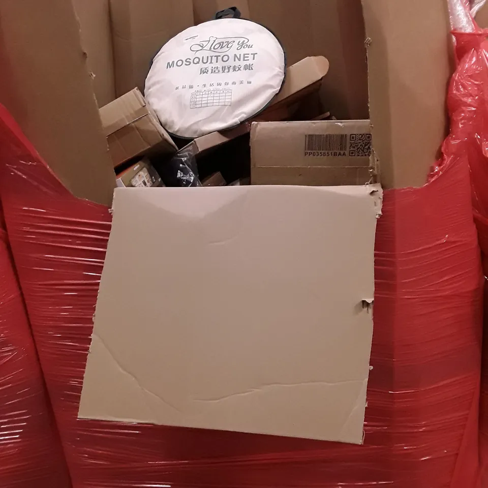 PALLET OF ASSORTED HOUSEHOLD ITEMS TO INCLUDE PORTABLE ICE BATH, MOSQUITO NET AND OFFICE CHAIR