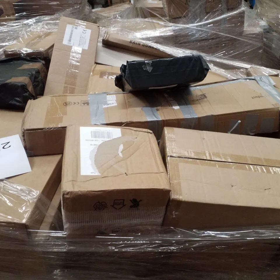 PALLET CONTAINING ASSORTED PRODUCTS INCLUDING PLASTIC DEEP FAT FRYER, RAIN GUARDS, BATHTUB SEAT PLATE & KITCHEN RACK 