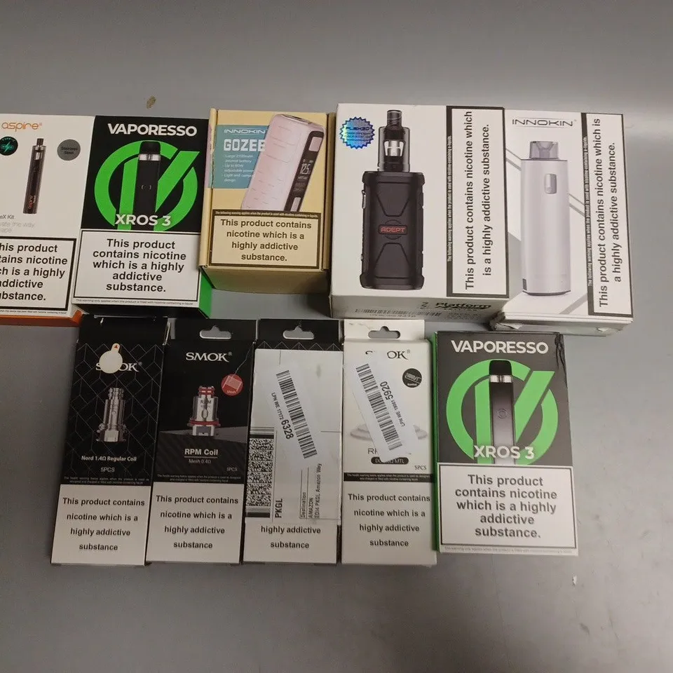 APPROXIMATELY 10 ASSORTED E-CIGARETTE PRODUCTS TO INCLUDE INNOKIN, VAPORESSO, ASPIRE ETC