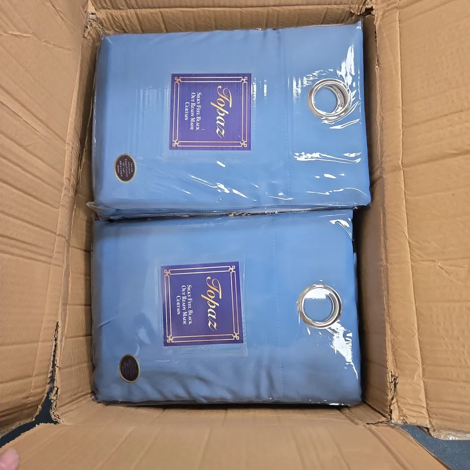 BOX OF APPROXIMATELY 10 X TOPAZ SILK-FEEL BLACKOUT EYELET CURTAINS –  READY MADE, LIGHT BLUE, 66 X 95 IN (168 X 229 ) 