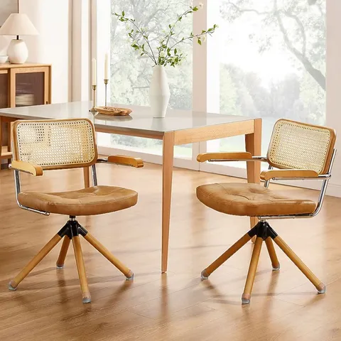 BOXED ZOURON RATTAN DESK CHAIR, 360Β° SWIVEL CHAIR NO WHEELS, MID CENTURY MODERN FAUX LEATHER OFFICE CHAIR WITH WOOD LEGS