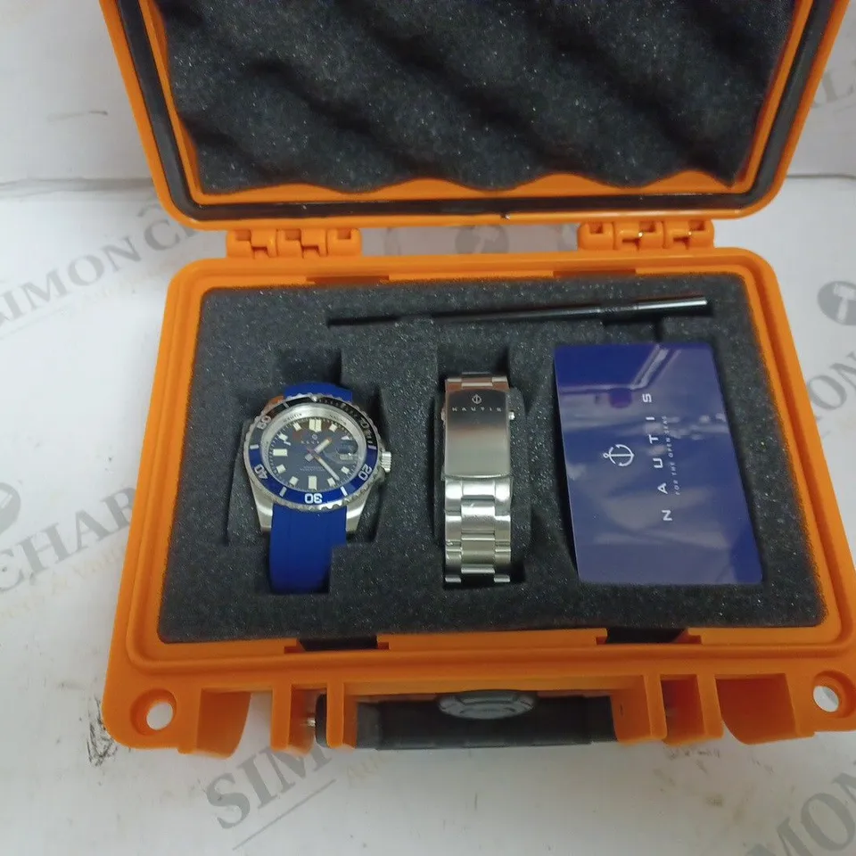 BOXED NAUTIS INTERCEPTOR WATCH - SWISS MOVEMENT - STAINLESS STEEL FACE - RUBBER STRAP, STAINLESS STEEL STRAP - WATER RESISTANT 50 ATM - DATE DIAL. 