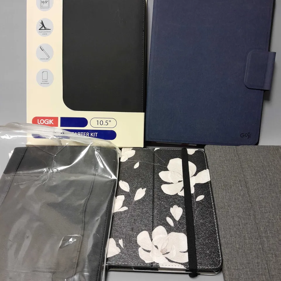 APPROXIMATELY 5 TABLET CASES TO INCLUDE LOGIK 10.5" TABLET STARTER KIT, GOJI 9-10.5" UNIVERSAL FOLIO CASE, ETC