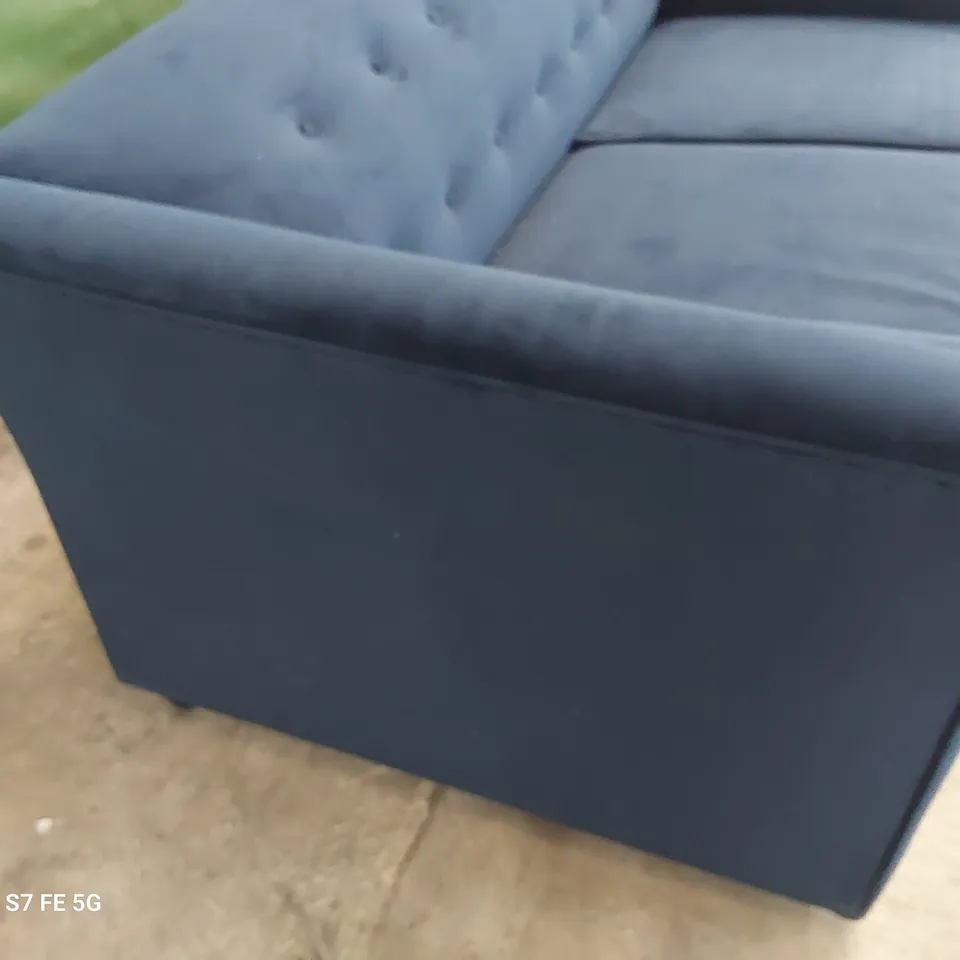 DESIGNER METAL ACTION SOFABED WITH ROLL BOLSTER CUSHIONS NAVY BLUE PLUSH FABRIC 