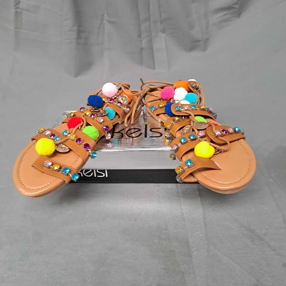 BOX OF APPROXIMATELY 8 PAIRS OF KELSI EMBELLISHED SANDALS IN CAMEL - VARIOUS SIZES 