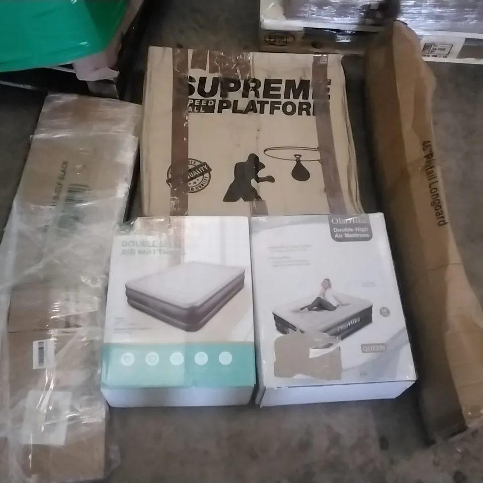 PALLET OF ASSORTED ITEMS INCLUDING DOUBLE SIZE AIR MATTRESS, SPEED BALL PLATFORM, 46" PINTAIL LONGBOARD, CLOTHES RACK WITH SHELF, OLARHIKE DOUBLE HIGH AIR MATTRESS 