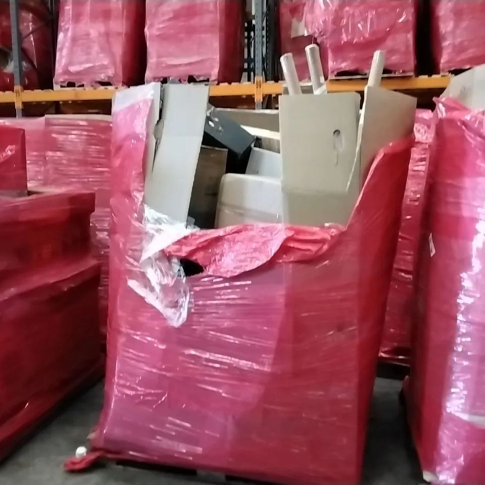 PALLET OF ASSORTED ITEMS TO INCLUDE: TURNTABLE HI-FI SYSTEM WITH SPEAKERS, STEAMPUNK DINOSAUR FACTORY MARBLE RUN, MULTIFUNCTIONAL FOOD PROCESSOR, AIR BED-LUXE, RETRACTABLE SAFETY GATE ECT