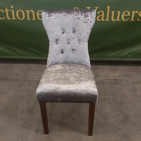 DESIGNER SILVER CRUSHED VELVET UPHOLSTERED DINING CHAIR WITH BROWN LEGS
