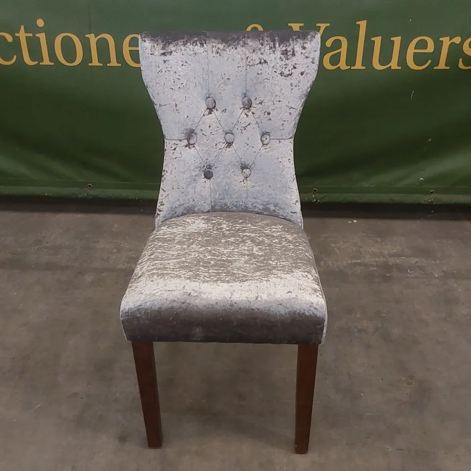 DESIGNER SILVER CRUSHED VELVET UPHOLSTERED DINING CHAIR WITH BROWN LEGS