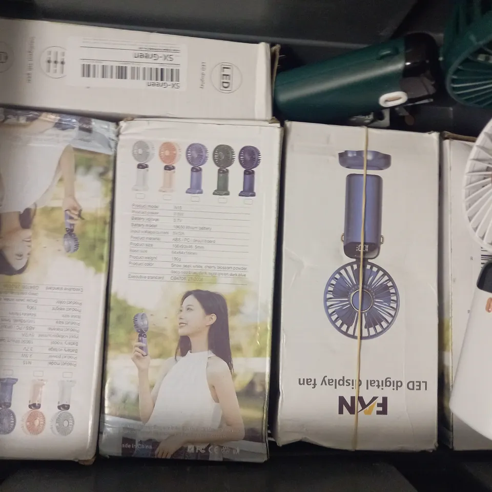 APPROXIMATELY 10 ASSORTED LED DIGITAL DISPLAY FANS IN VARIOUS COLOURS