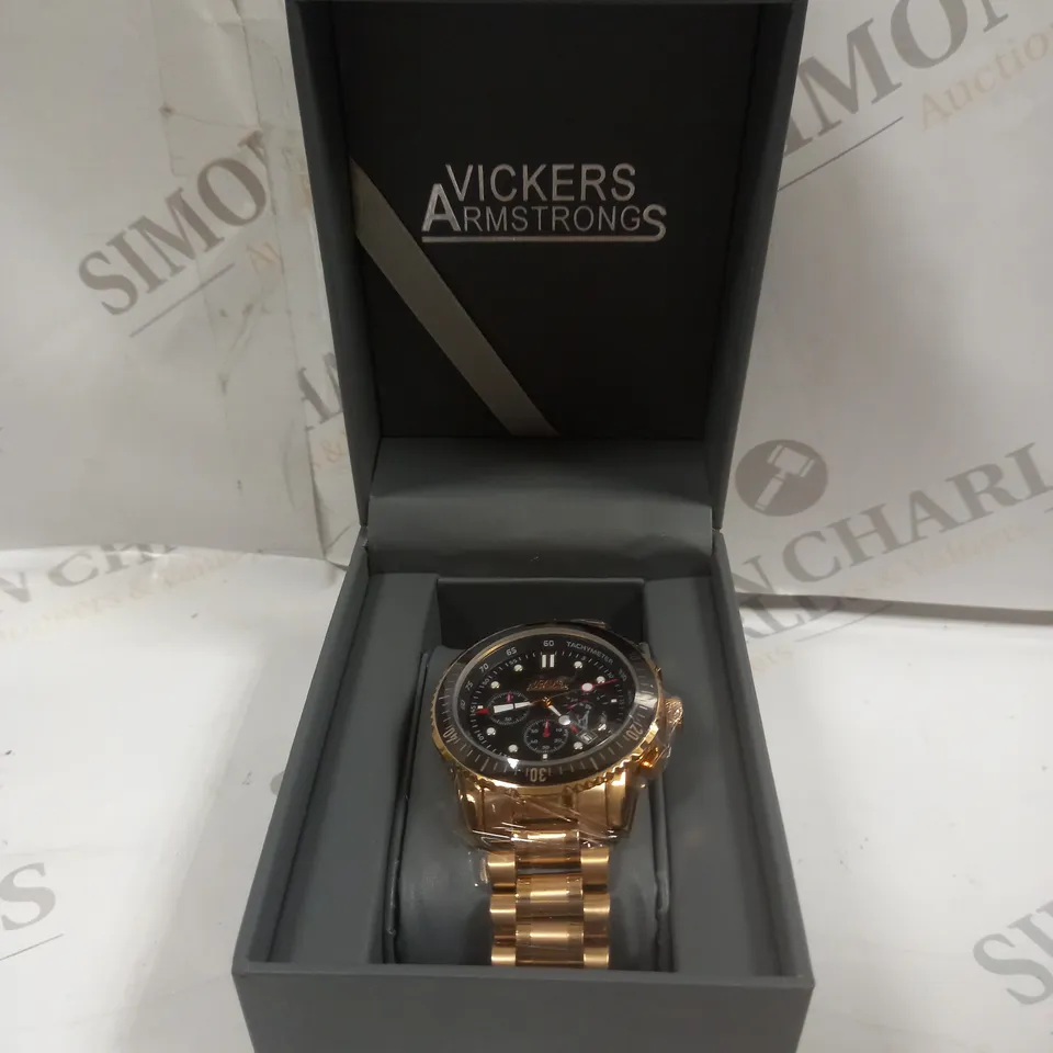 BOXED VICKERS ARMSTRONGS GRANDEUR ROSE GOLD BLACK DIAL WATCH 