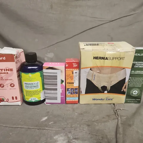 APPROXIMATELY 5 ASSORTED HEALTH & FITNESS SUPPLEMENTS ITEMS TO INCLUDE  HERNIA SUPPORT BELT & HEMORRHOID OINTMENT