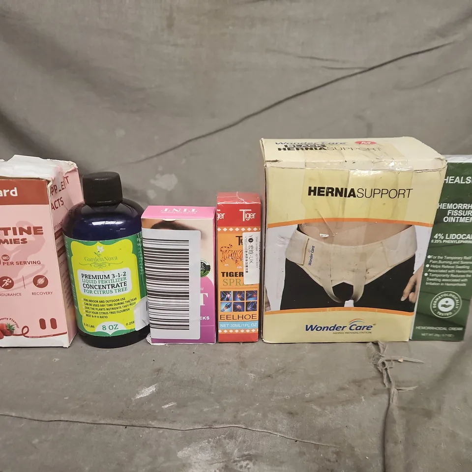 APPROXIMATELY 5 ASSORTED HEALTH & FITNESS SUPPLEMENTS ITEMS TO INCLUDE HERNIA SUPPORT BELT & HEMORRHOID OINTMENT