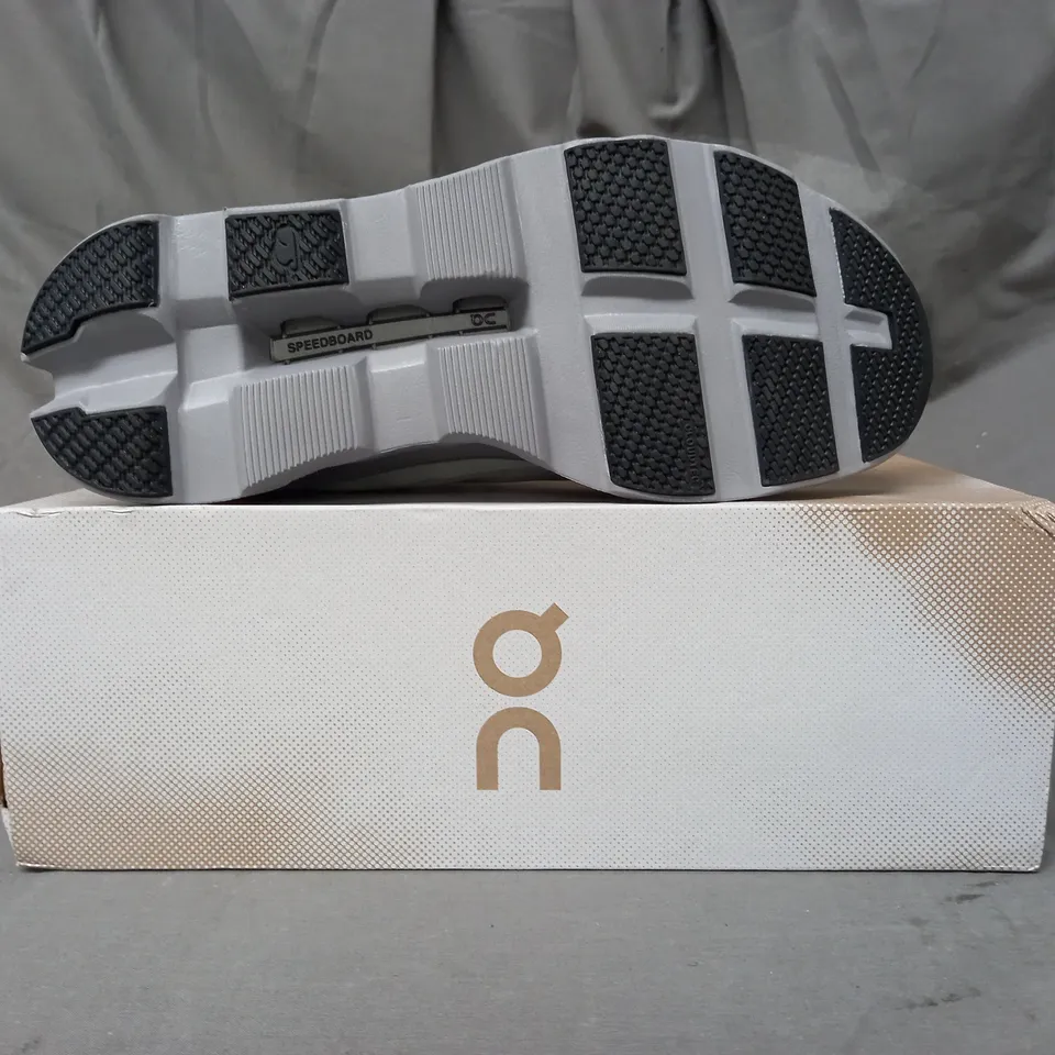 BOXED PAIR OF ON CLOUDMONSTER SHOES IN ICE/ALLOY UK SIZE 11