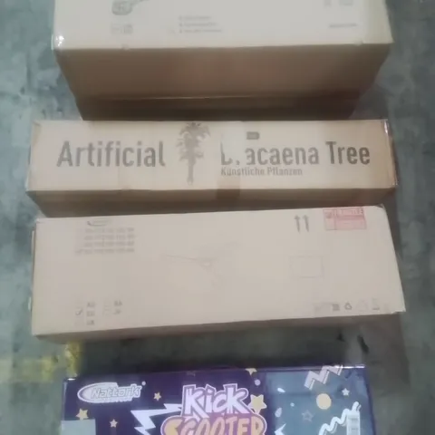 PALLET CONTAINING ASSORTED ITEMS TO INCLUDE: DRYWALL SANDER, ARTIFICIAL TREE, CEILING FAN AND KICK SCOOTER ETC...