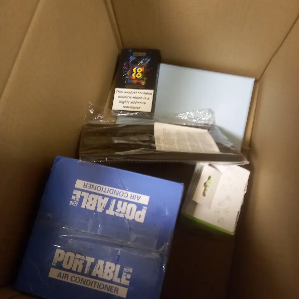 BOX OF APPROXIMATELY 5 ASSORTED ITEMS TO INCLUDE PORTABLE AIR CONDITIONER, VAPE, KEYBOARD ETC