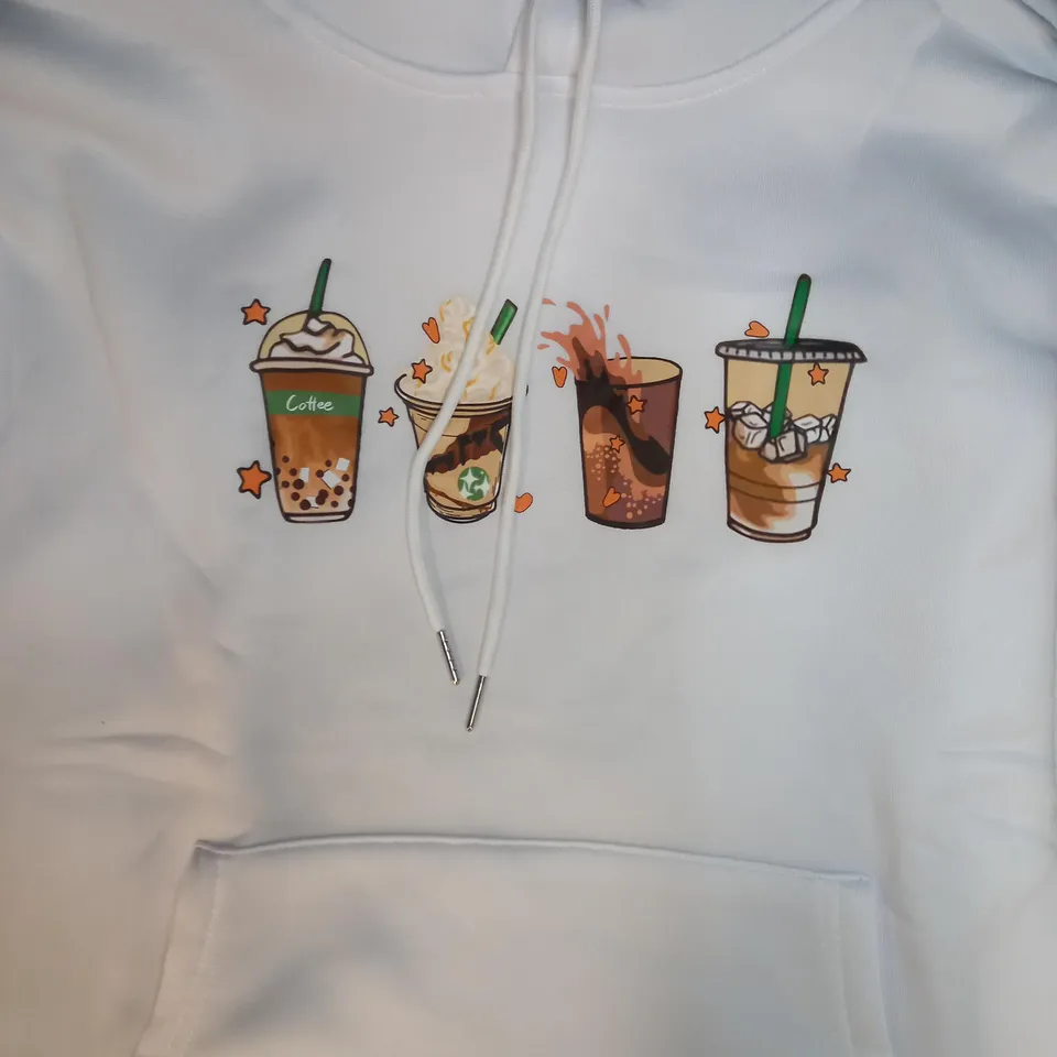 DESIGNER STYLE HOODIE IN THE STYLE OF SHEIN IN WHITE W. COFFEE DESIGN UK SIZE M
